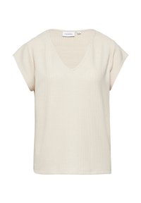 Korte mouwen, V-hals t-shirt in lichtbeige. Textuurstof met een wafelpatroon. Ontspannen pasvorm, geen zichtbare bevestigingen. Vlakke zoom.