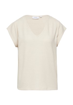 T-shirt a maniche corte e scollatura a V in beige chiaro. Tessuto testurizzato con un motivo a nido d'ape. Vestibilità rilassata, nessun hardware visibile. Orlo piatto.