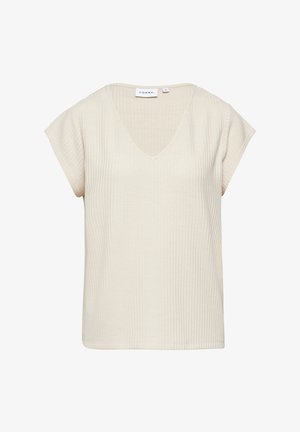 Short-sleeve, V-neck t-shirt in light beige. Textured fabric with a waffle pattern. Relaxed fit, no visible hardware. Flat hem.