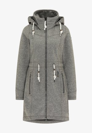 Sweat à capuche gris mi-long avec une fermeture éclair complète, deux poches latérales, une capuche avec cordon de serrage et un tissu en polaire texturé. Comprend des cordons d'accent blanc.