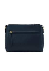 Borsa a tracolla in pelle blu navy con superficie testurizzata, dotata di una tasca frontale con zip e dettagli in metallo dorato. Forma rettangolare compatta.
