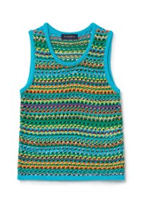 Canotta senza maniche in maglia di colore turchese, con strisce orizzontali multicolori di verde, arancio, viola e blu. Design testurizzato su tutta la superficie.