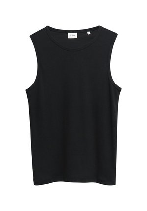 Czarny top bez rękawów z okrągłym dekoltem i prostym dołem, wykonany z gładkiego materiału, z małą białą metką marki wewnątrz kołnierza.