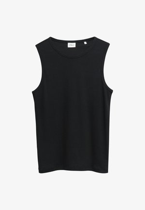 Zwart mouwloos tanktopje met ronde hals en rechte zoom, gemaakt van gladde stof, met een klein wit merklabel aan de binnenkant van de hals.