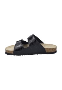 Zwarte schuif sandaal met glanzende leren banden, kurken voetbed en rubberen zool. Beschikt over twee verstelbare banden en een textuurafwerking.