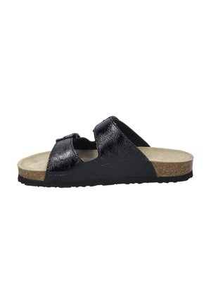 Black slide sandal with shiny leather straps, cork footbed, and rubber sole. Features two adjustable straps and a textural finish.