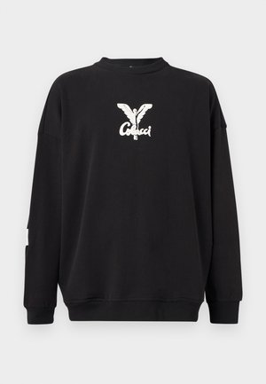 Must pikkade varrukatega dressipluus soonikkoes mansettide ja alläärega, millel on valge tiivuline figuur ning "Coilucci" tekstiline logo, mis asub rinna keskel.