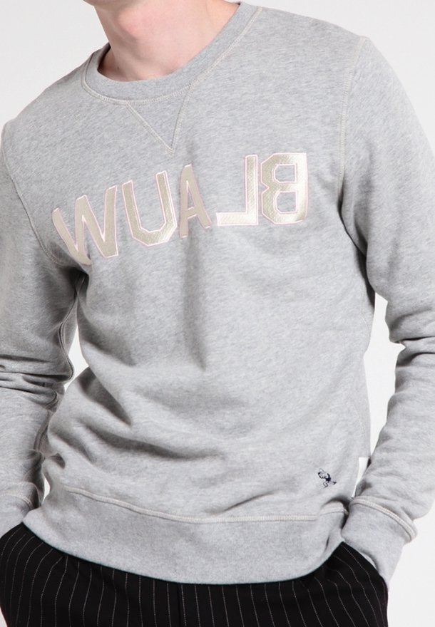 Grauer Pullover mit Rundhalsausschnitt, der auf der Vorderseite einen kräftigen, farbigen Schriftzug "BLAUW" trägt. Weicher Stoff mit gerippten Bündchen und Saum.
