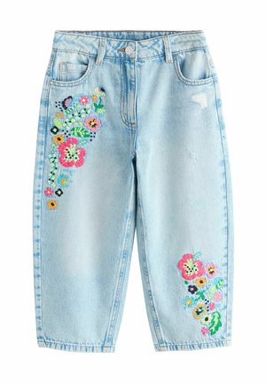 Light blue denim jeans with colorful floral embroidery on upper left thigh and lower right leg, featuring a button and front pockets.