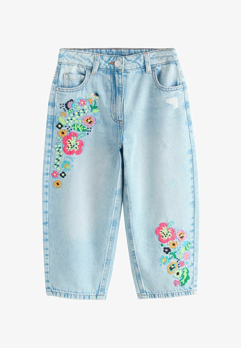 Hellblaue Jeans aus Denim mit bunter Blumenstickerei auf dem oberen linken Oberschenkel und am unteren rechten Bein, ausgestattet mit einem Knopf und Vordertaschen.