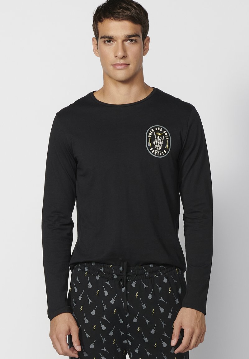 Koroshi Pigiama Lungo Uomo In Cotone 100%, Nero, Maglia A Maniche Lunghe E Pantaloni Con Elastico E Coulisse
