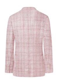 Blazer à carreaux rose clair en tissu de lin texturé, à boutonnage simple, avec des revers crantés et des poignets à quatre boutons.