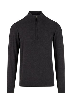 Schwarze Zip-Up-Übergangsjacke aus weichem Stoff, mit langen Ärmeln, hohem Kragen und gerippten Bündchen und Saum. Einfaches und schlankes Design.