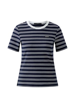 Marineblauw T-shirt met horizontale witte strepen, korte mouwen, witte ronde hals en een klein "OUI OUI" logo op de borst.