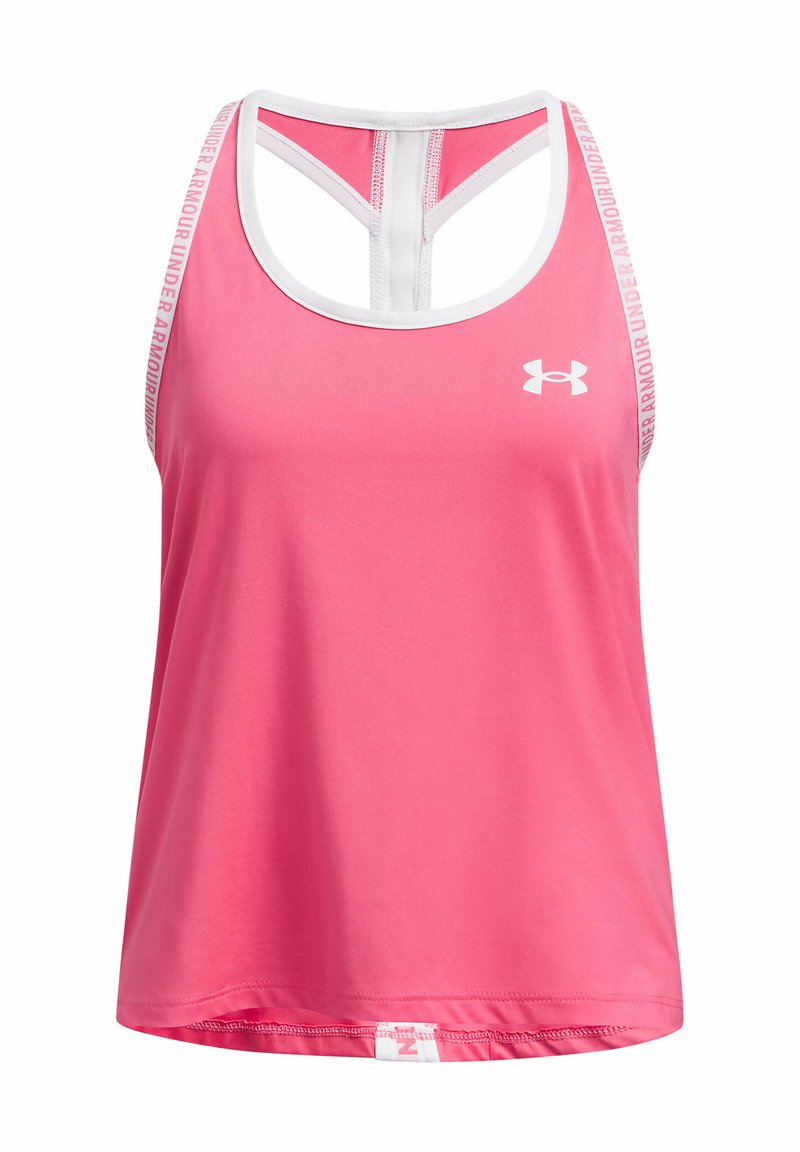 Roosa sportlik tank-top, millel on võistlusmood koosluses. Hõbeäärised ja "Under Armour" logo, mis on trükitud rihmadele. Sile ja kerge kangas.