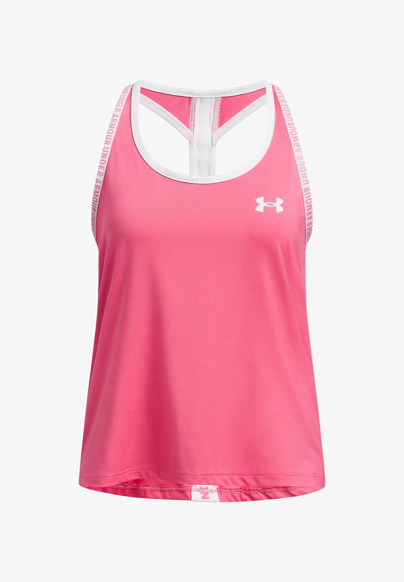 Roosa sportlik tank-top, millel on võistlusmood koosluses. Hõbeäärised ja "Under Armour" logo, mis on trükitud rihmadele. Sile ja kerge kangas.