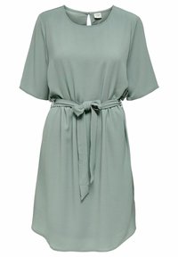 Hellgrünes knielanges Kleid mit kurzen Ärmeln, rundem Halsausschnitt, Schlüsselloch-Rücken und einem Stoffgürtel, der auf der Taille gebunden ist.