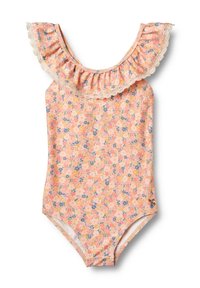 Maillot de bain une pièce pour filles avec un imprimé floral rose, jaune et bleu, présentant un décolleté à volants avec une bordure en dentelle.