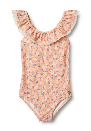 Mädchen-Einteiler mit floralem Druck in Pink, Gelb und Blau, ausgestattet mit einem Volant-Ausschnitt und Spitzenbesatz.