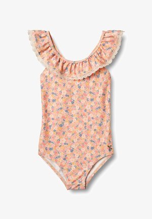 Monopatín de baño para niñas con estampado floral en rosa, amarillo y azul, que presenta un escote con volantes y un borde de encaje.