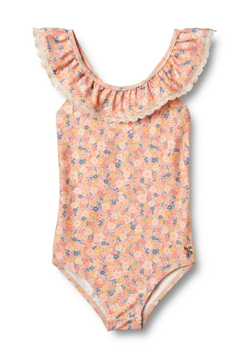 Maillot de bain une pièce pour filles avec un imprimé floral rose, jaune et bleu, présentant un décolleté à volants avec une bordure en dentelle.