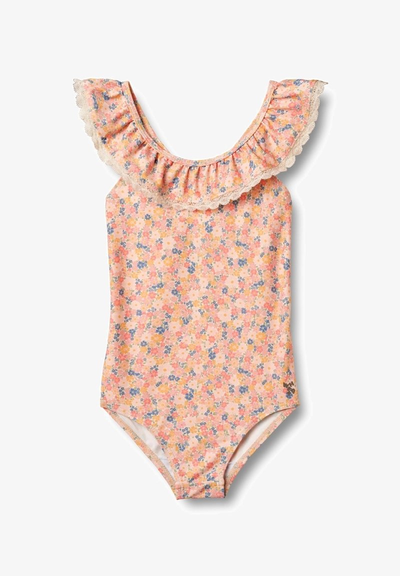 Flickors baddräkt med blommigt mönster i rosa, gult och blått, med en volangkrage med spetsdetaljer.