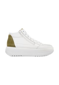White high-top sneaker with thick sole, lace-up front, side zipper, and olive green suede heel panel.
