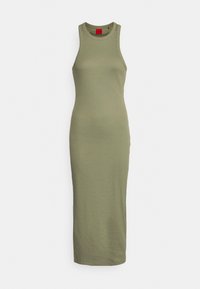 Olivgrünes, geripptes, ärmelloses Midikleid mit rundem Ausschnitt. Hergestellt aus elastischem Material, das für eine figurbetonte Silhouette sorgt.
