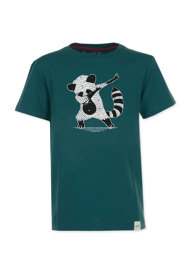 Teal taitoja t-paita, jossa on mustavalkoinen puuhiiri- grafiikka. Lyhyet hihat, pyöreä kaula-aukko, ja pieni logotagi vasemmassa alareunassa.