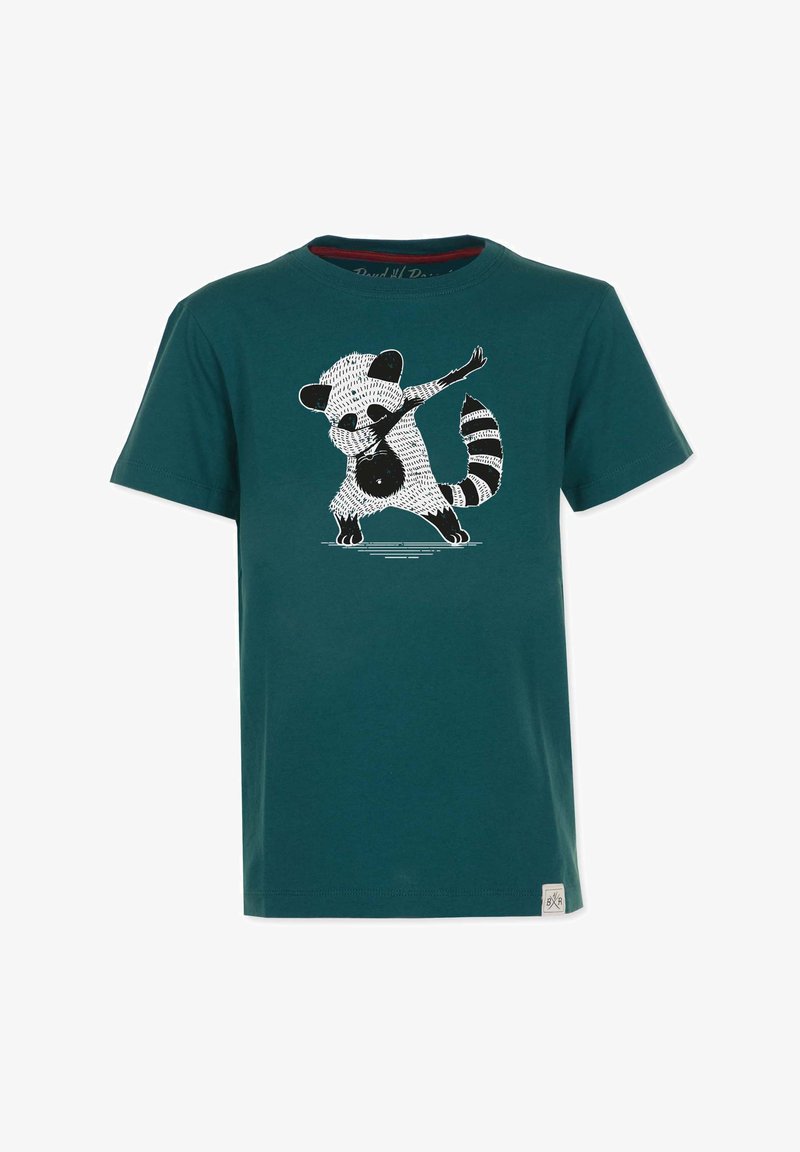 Teal taitoja t-paita, jossa on mustavalkoinen puuhiiri- grafiikka. Lyhyet hihat, pyöreä kaula-aukko, ja pieni logotagi vasemmassa alareunassa.