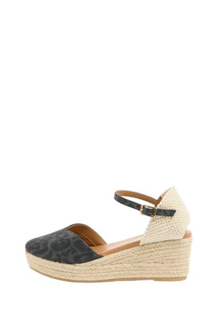 Damensandale mit Keilabsatz, beige gewebtem Absatz, schwarzer strukturierter Vorderseite, Knöchelriemen mit Schnalle und geflochtenem Jute-Plateau-Sohl.