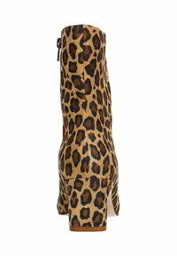 Leoprintage Stiefeletten mit einer strukturierten, wildlederähnlichen Oberfläche, ausgestattet mit einem Blockabsatz und einem seitlichen Reißverschluss für ein einfaches An- und Ausziehen.