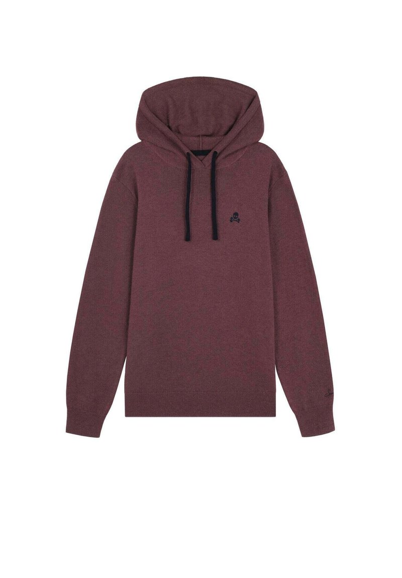 Sudadera con capucha en burdeos oscuro, hecha de tela suave. Cuenta con un bolsillo canguro frontal, cordones negros y un pequeño logo en el pecho.