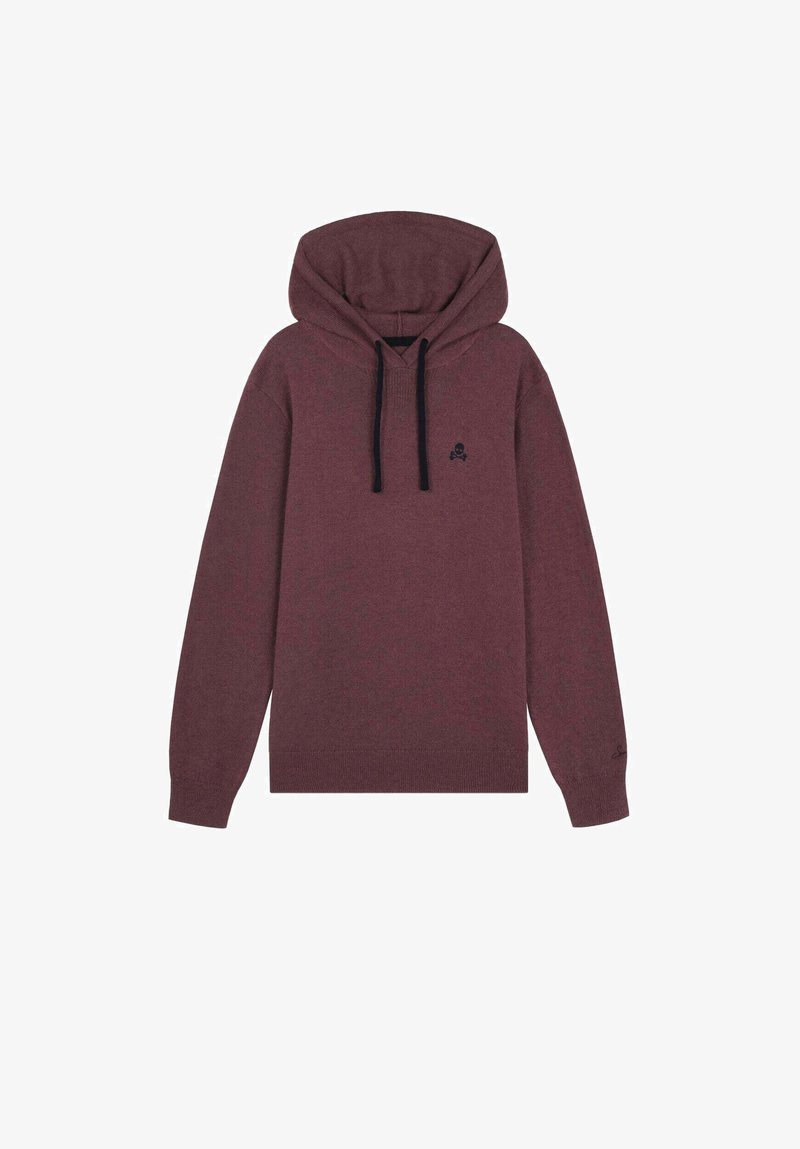 Sudadera con capucha en burdeos oscuro, hecha de tela suave. Cuenta con un bolsillo canguro frontal, cordones negros y un pequeño logo en el pecho.