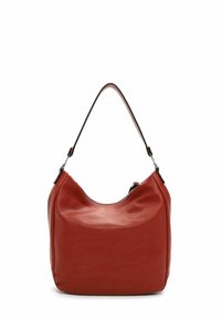 Rote Leder-Hobo-Tasche mit glatter Oberfläche, ausgestattet mit einem einzelnen, geschwungenen Schulterriemen und einem Reißverschluss oben.