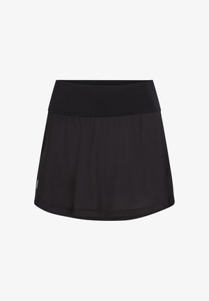 Svart sportkjol med elastisk midja, lättviktsmaterial och en flödande design. Har en slät yta och en rundad fåll.