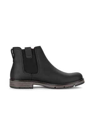 Black leather ankle Chelsea boot with elastic side panel and low stacked wooden heel, shown from the outer side on a white background.