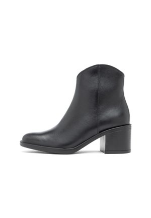 Black leather ankle boot with block heel, smooth finish, rounded toe, and side seam stitching, shown in profile on white background.