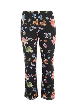 Zwarte broek met wijde pijpen met een kleurrijk aquarel bloemenpatroon in pasteltinten oranje, groen, blauw en roze.