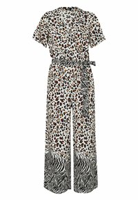 Leopard print jumpsuit with short sleeves, cinched waist tied with a black and white striped belt, wide legs, and contrasting zebra pattern accents.