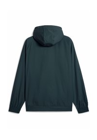 Chaqueta con capucha de un verde oscuro, con puños y dobladillo elásticos, que presenta un acabado liso y mate y un diseño minimalista. Se muestra la vista trasera.
