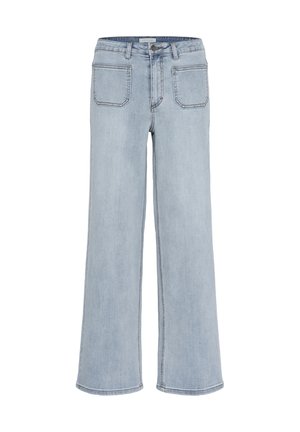 Jean en denim bleu clair à jambes larges avec poches avant à rabat, passants de ceinture et fermeture à bouton.