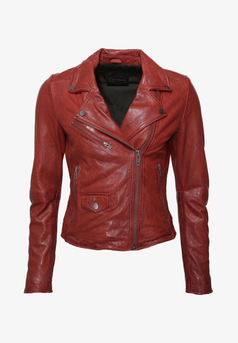 Rote Leder-Motorradjacke mit einem gesteppten Design, asymmetrischem Reißverschluss, zwei seitlichen Reißverschlusstaschen und Druckknopfkragen. Glatte Textur.