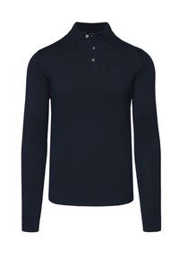 Granatowa koszulka polo z długim rękawem, wykonana z dzianiny, z kołnierzykiem, trzema guzikami oraz ściągaczami przy mankietach i u dołu.