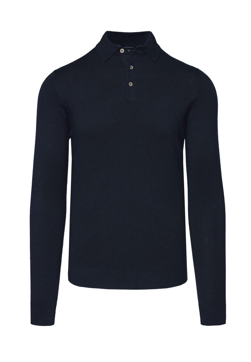 Granatowa koszulka polo z długim rękawem, wykonana z dzianiny, z kołnierzykiem, trzema guzikami oraz ściągaczami przy mankietach i u dołu.