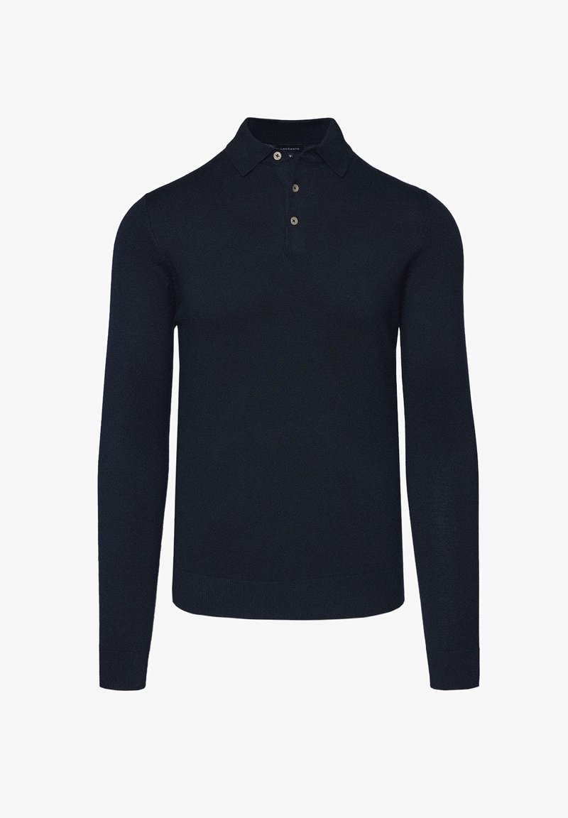 Granatowa koszulka polo z długim rękawem, wykonana z dzianiny, z kołnierzykiem, trzema guzikami oraz ściągaczami przy mankietach i u dołu.