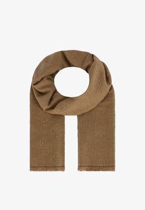 Sciarpa marrone realizzata in morbido tessuto, caratterizzata da un delicato motivo in rilievo, con dettagli frangiati alle estremità e una consistenza liscia.