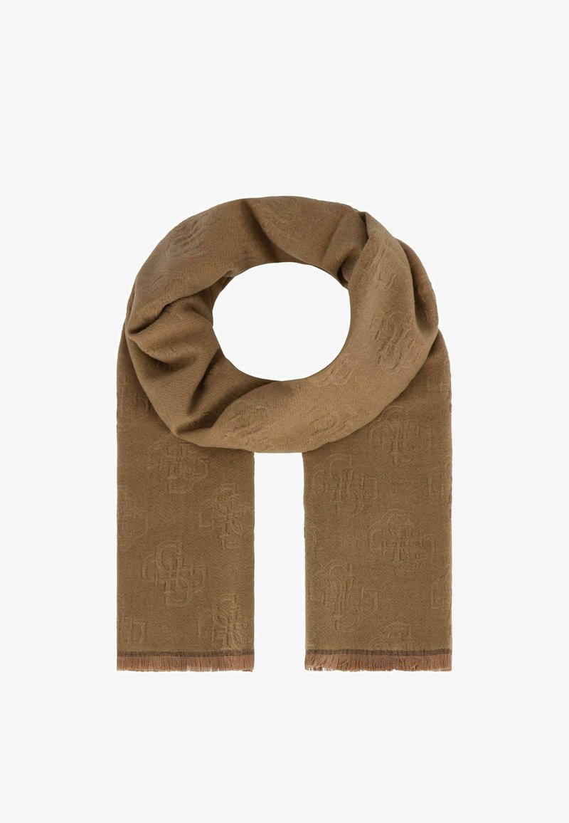 Bruine sjaal van zacht materiaal, voorzien van een subtiele reliëfpatroon, met franjerandjes aan de uiteinden en een gladde textuur.