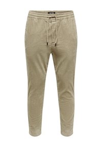 Hellbeige Kord-Jogginghosen mit elastischem Bund, Kordelzugverschluss und konisch zulaufenden Beinen. Vertikale, gerippte Textur mit Seitentaschen.