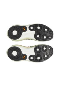 Soletta nera con tacche circolari e ovali, intersuola bianca e logo arancione. Superficie liscia con motivi texture per aderenza e flessibilità.